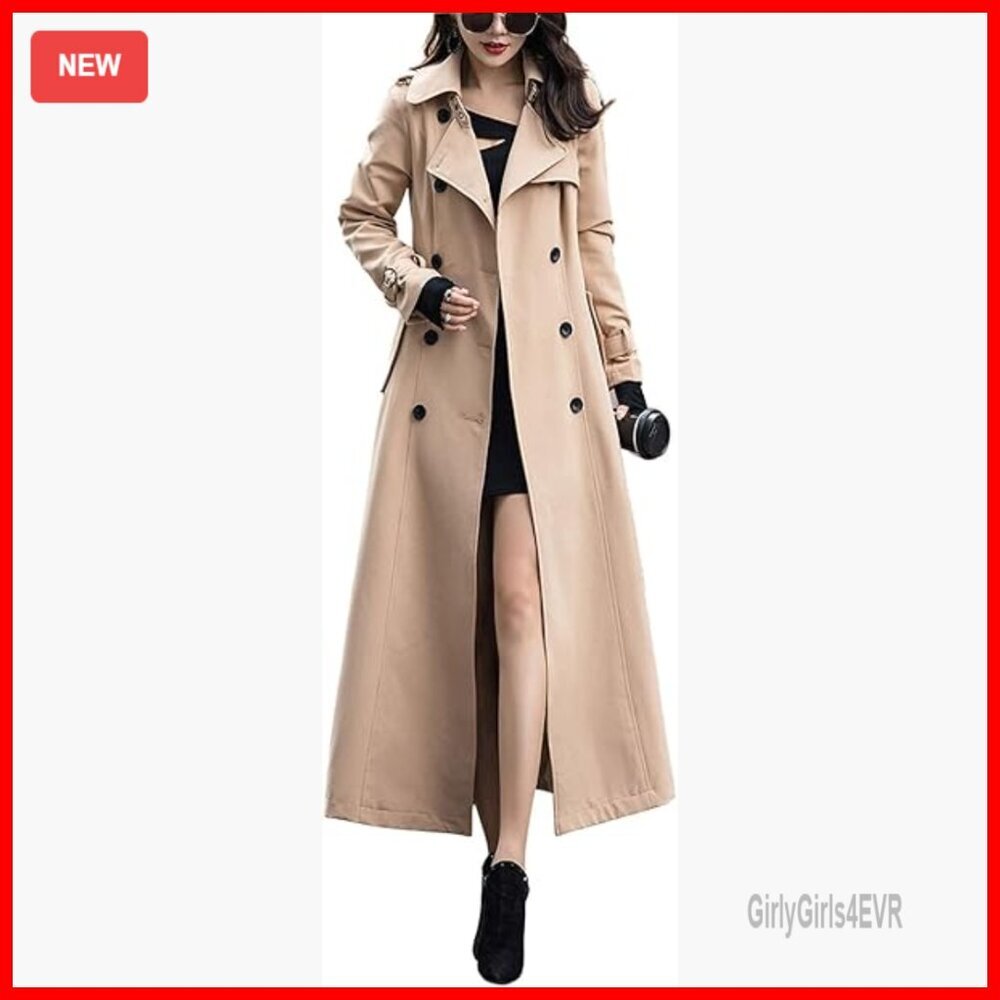 Double Breasted Maxi Trench Coat, Office Wear, Windproof Fabric, Ankle Length